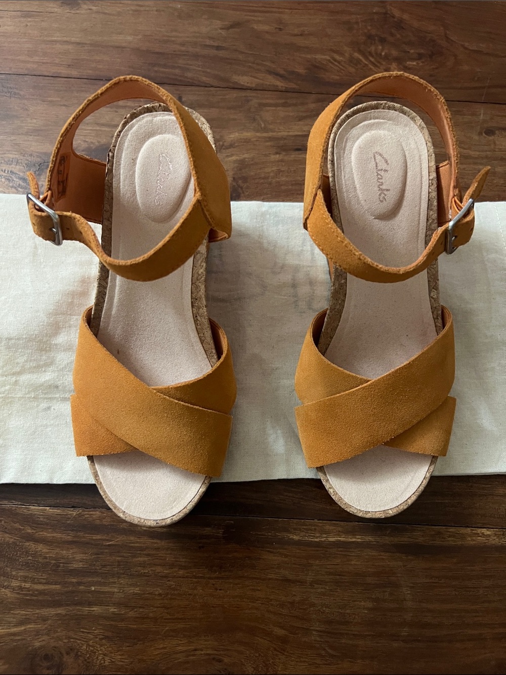 Clarks Women's Mustard/Tan Suede Crisscross Ankle-Strap Wedge Sandals